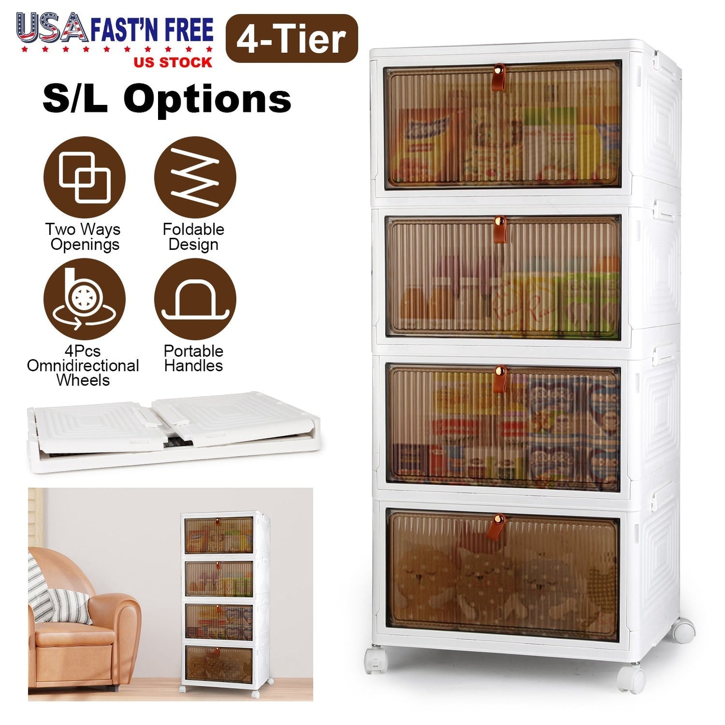 4-Tier Foldable Storage Bins with Magnetic Doors & Wheels