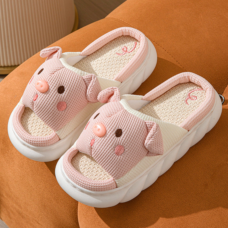 Piggy Cute Couple Open Toe Linen Cotton Linen Slippers - Korvel