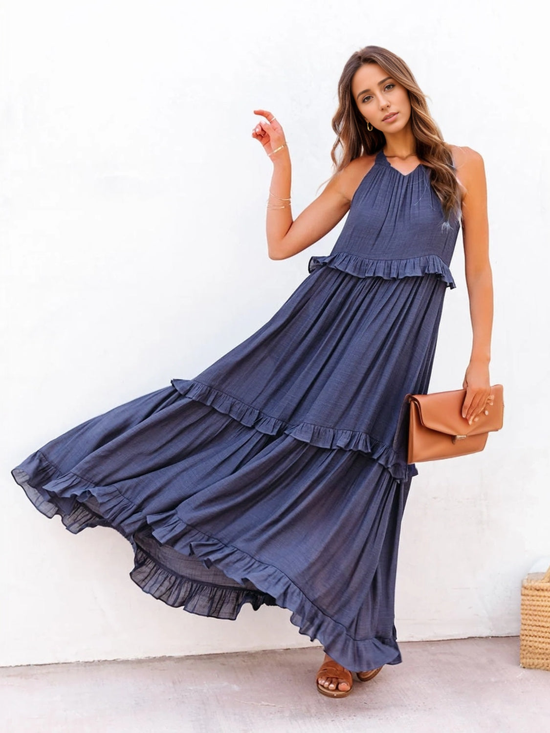 Elegant Ruffled Sleeveless Tiered Maxi Dress with Pockets