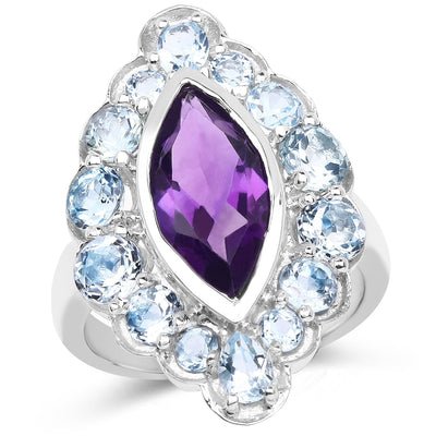 Bague en argent sterling avec améthyste de 5,30 carats et topaze bleue