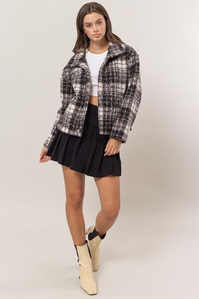 Chaqueta Bouclé a Cuadros con Cuello y Bolsillos