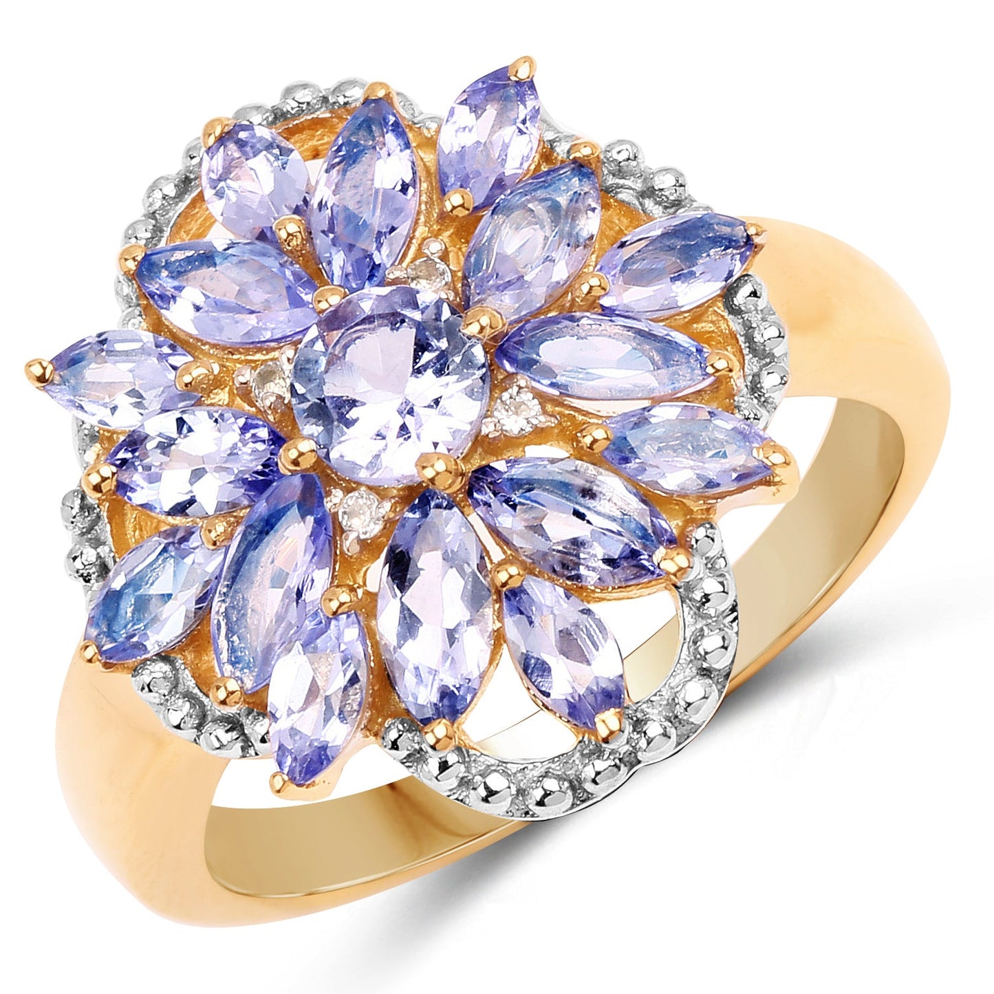 14K Yellow Gold Plated Tanzanite & White Topaz Cluster Ring