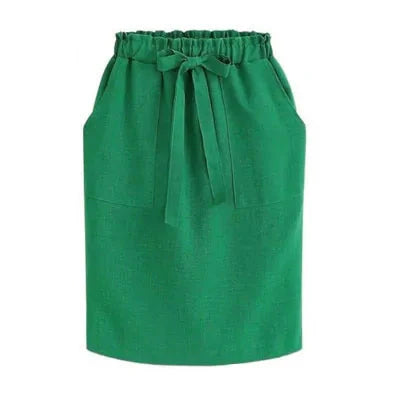 Falda de Cintura Elástica de Algodón para Mujer con Lazo - Estilo Midi Lápiz (Verde)