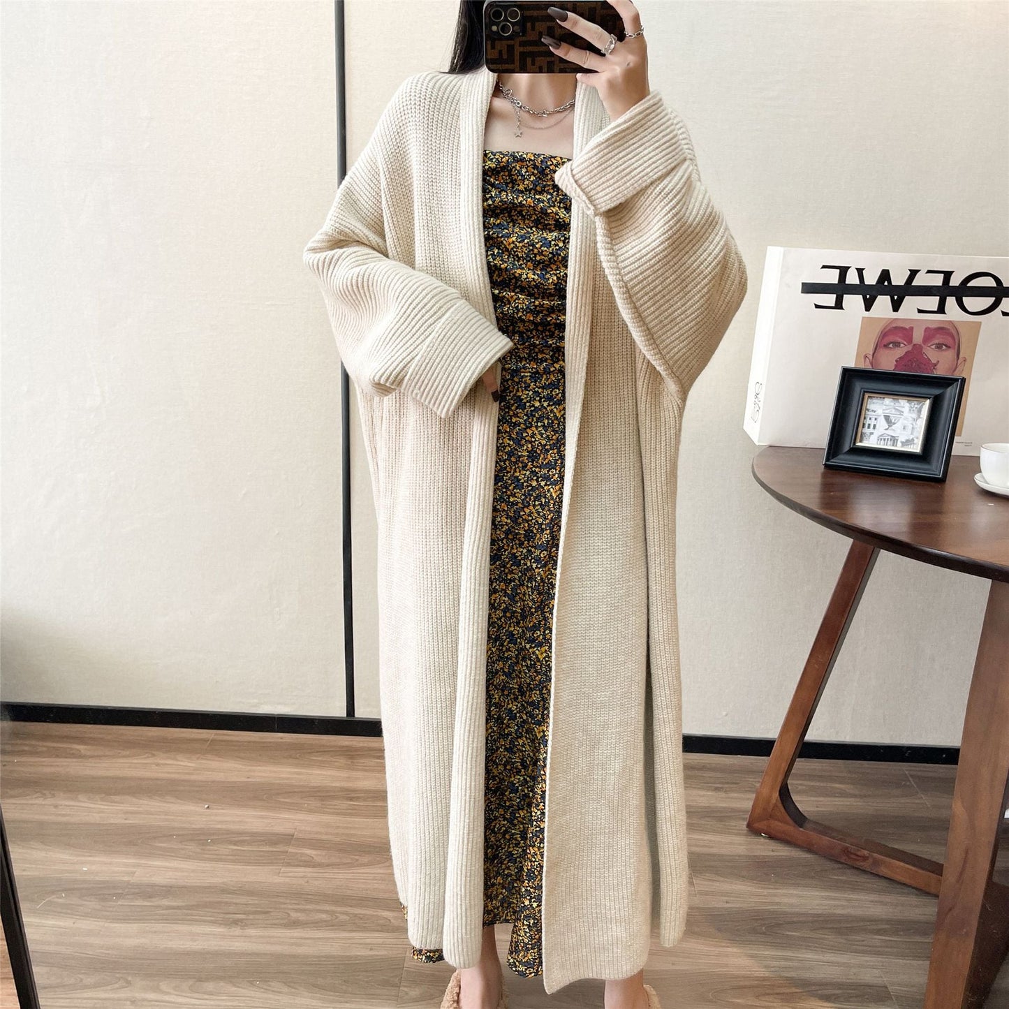 Manteau en Tricot Mi-Long à Couleur Unie pour Femmes