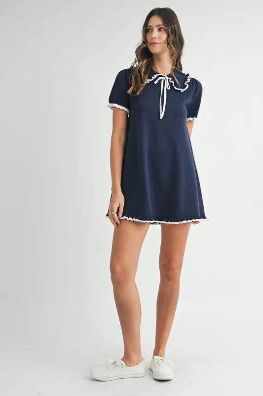 Ruffle Trimmed Collar Fine Knit Mini Dress for Women