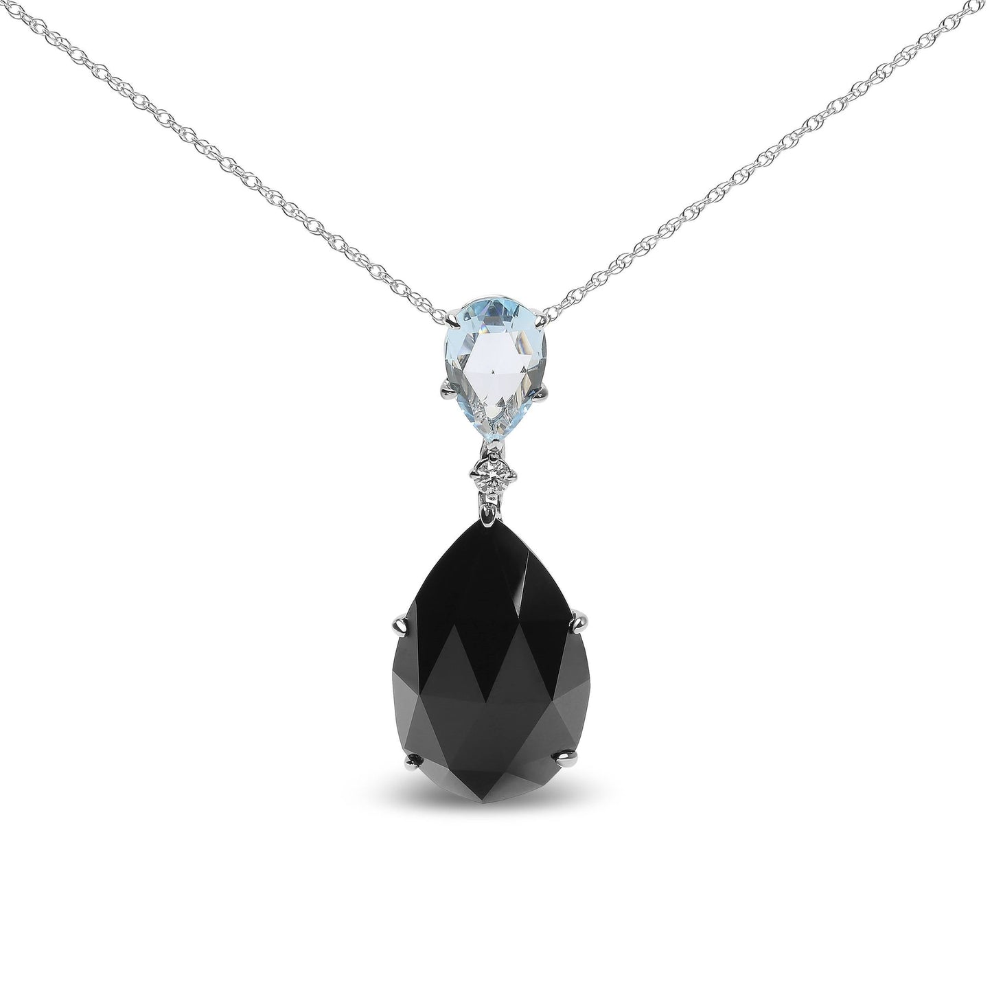 Collier Dangle en Or Blanc 18K avec Topaze et Onyx en Forme de Poire
