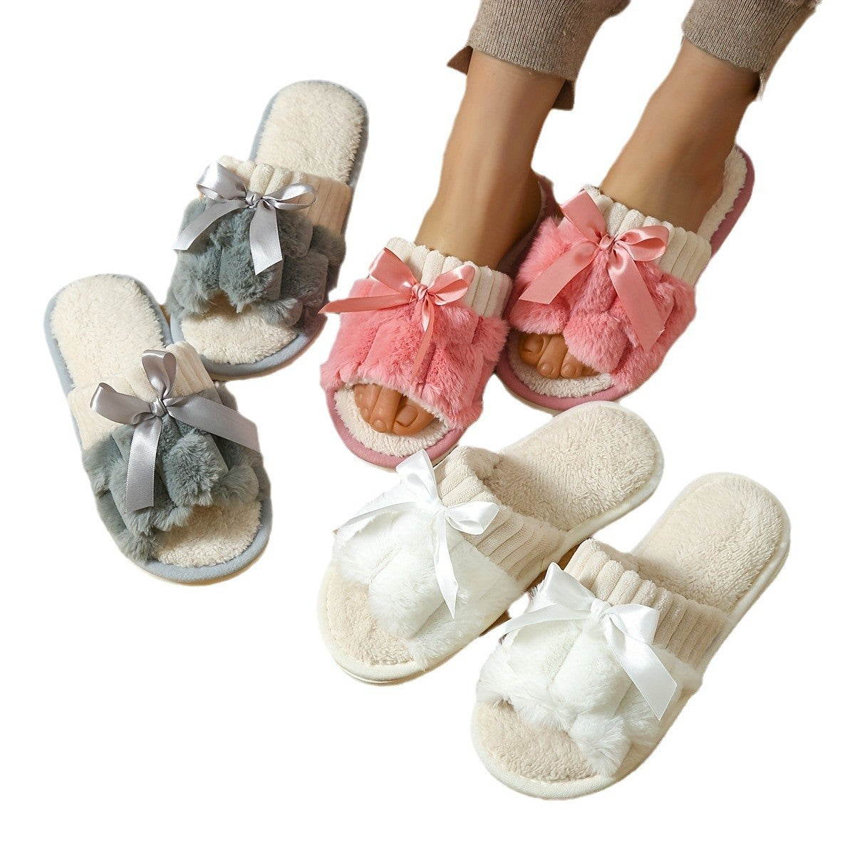 Nouvelles chaussons en peluche avec nœud pour un confort intérieur