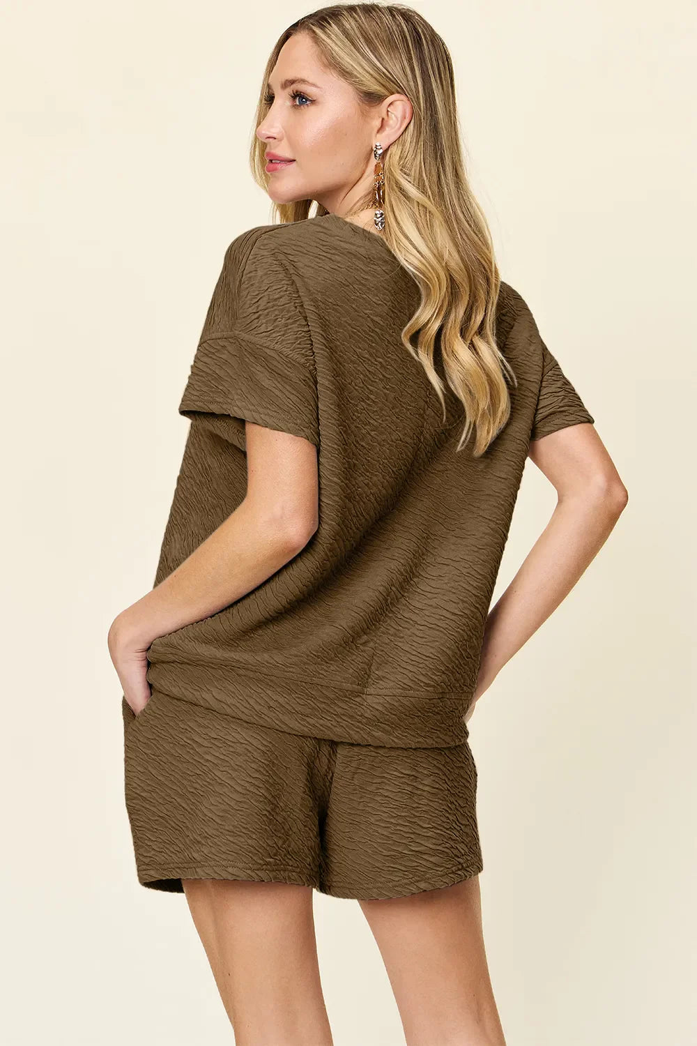 Double Take Full Size Texture T-Shirt and Shorts Set
