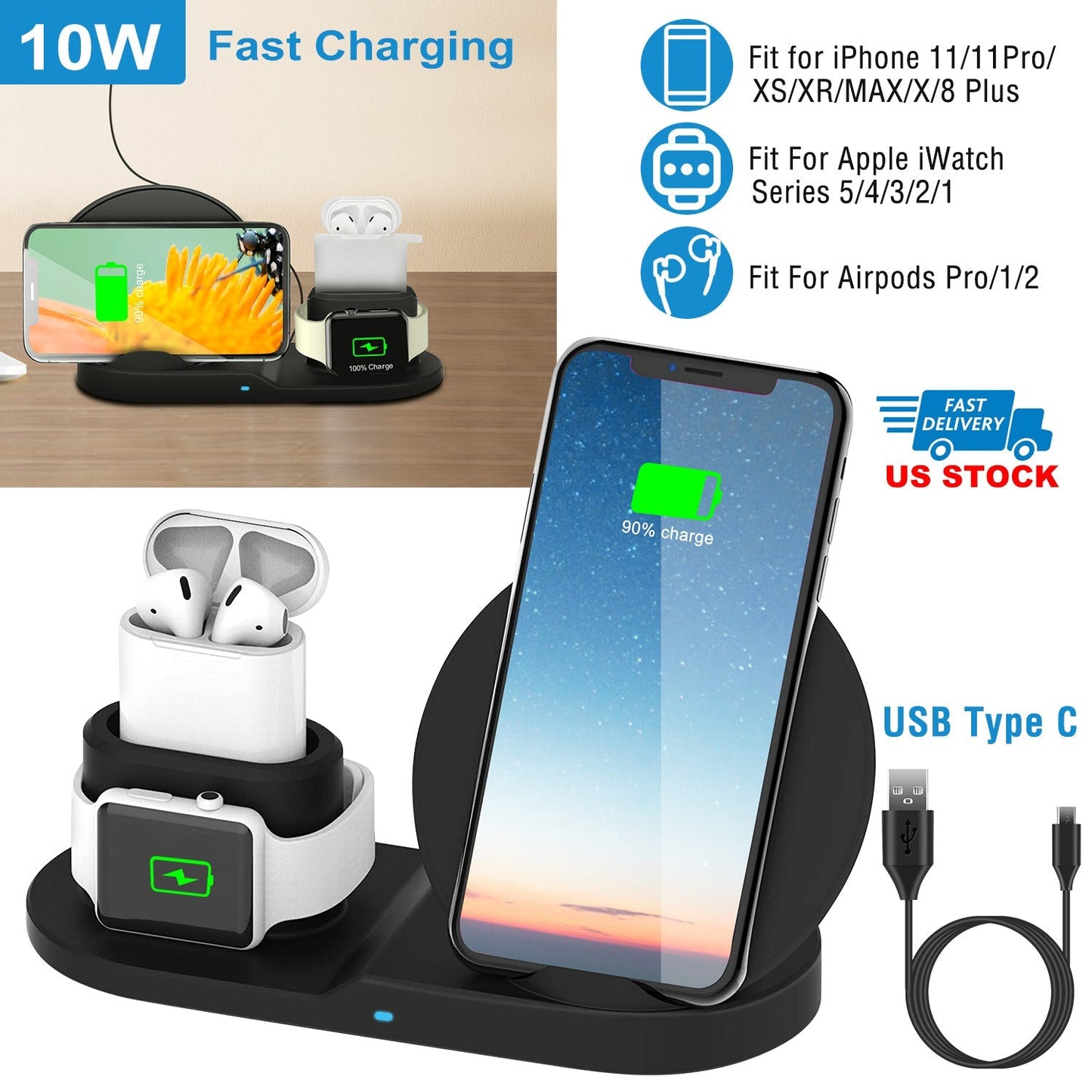 Estación de Carga Inalámbrica Rápida de 10W para Dispositivos Apple y Samsung