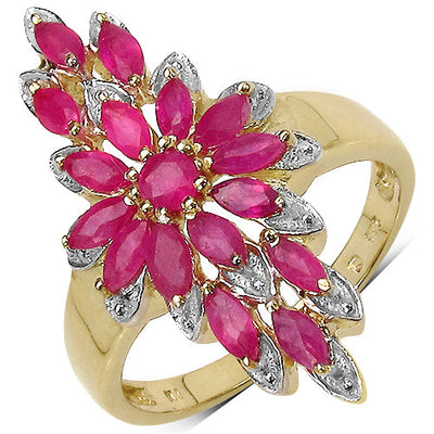 Bague en cluster en argent sterling plaqué or jaune 14K avec rubis