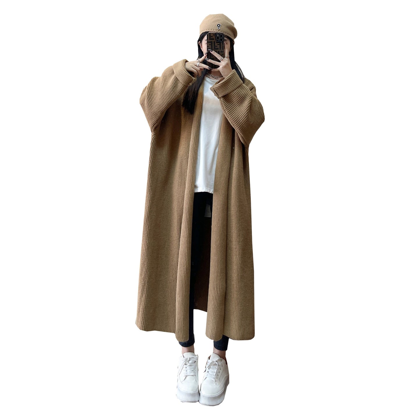 Manteau en Tricot Mi-Long à Couleur Unie pour Femmes