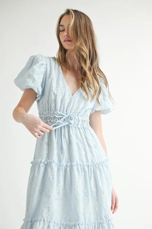 Elegant Eyelet Lace Puff Sleeve Midi Dress for Women