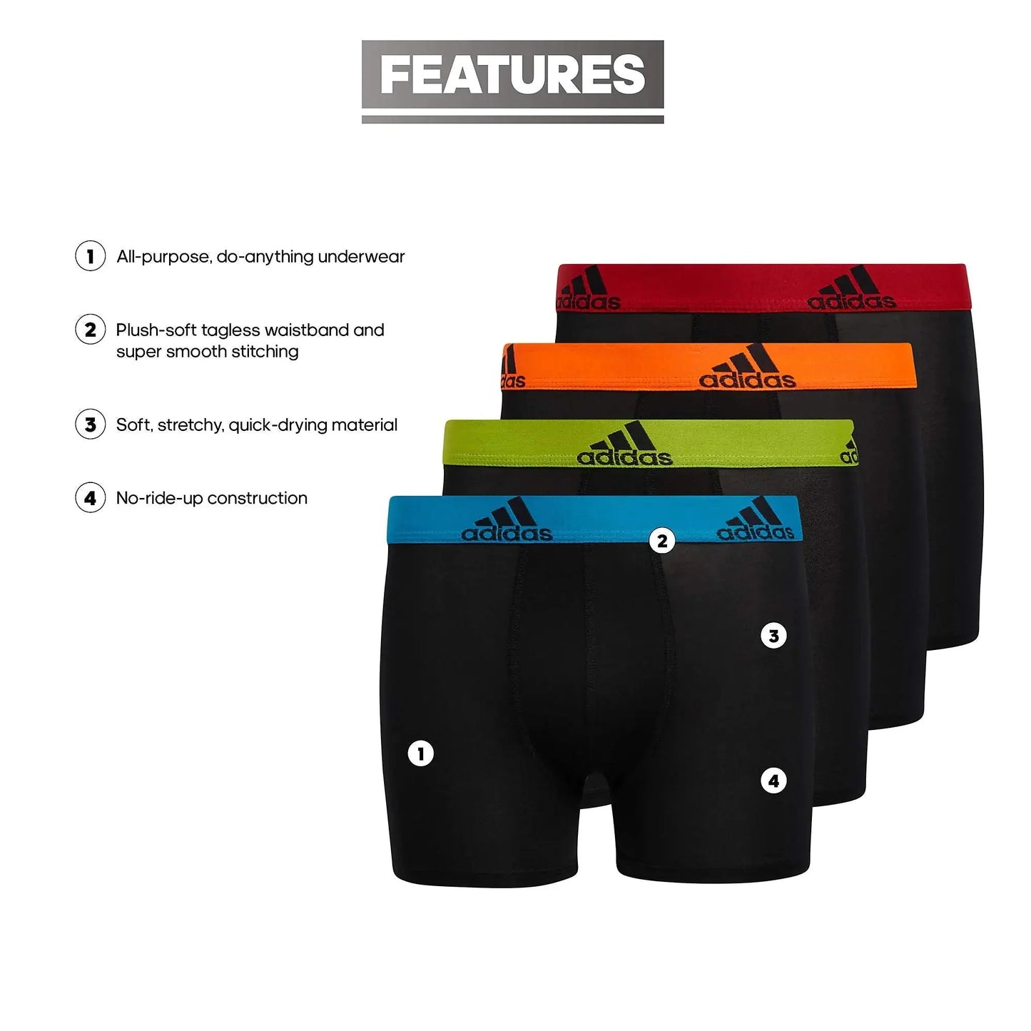 adidas Kids' Performance Boxer Briefs (4-Pack) - Black/Solar Blue/Green