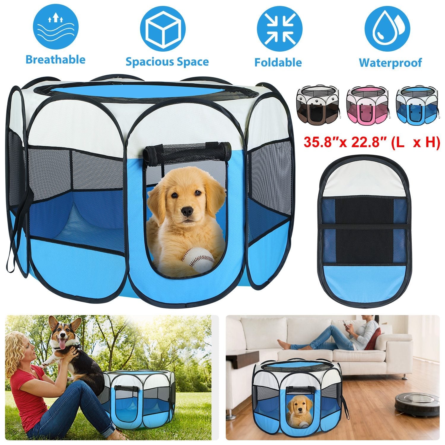 Portable Foldable Pet Tent Exercise Pen Kennel Removable Zipper Top and Bottom Water Resistant Indoor Outdoor Use For Dogs Cats Other Pets - Korvel