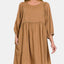 Robe Babydoll en Lin Lavé à Manches Bouffantes Plissées