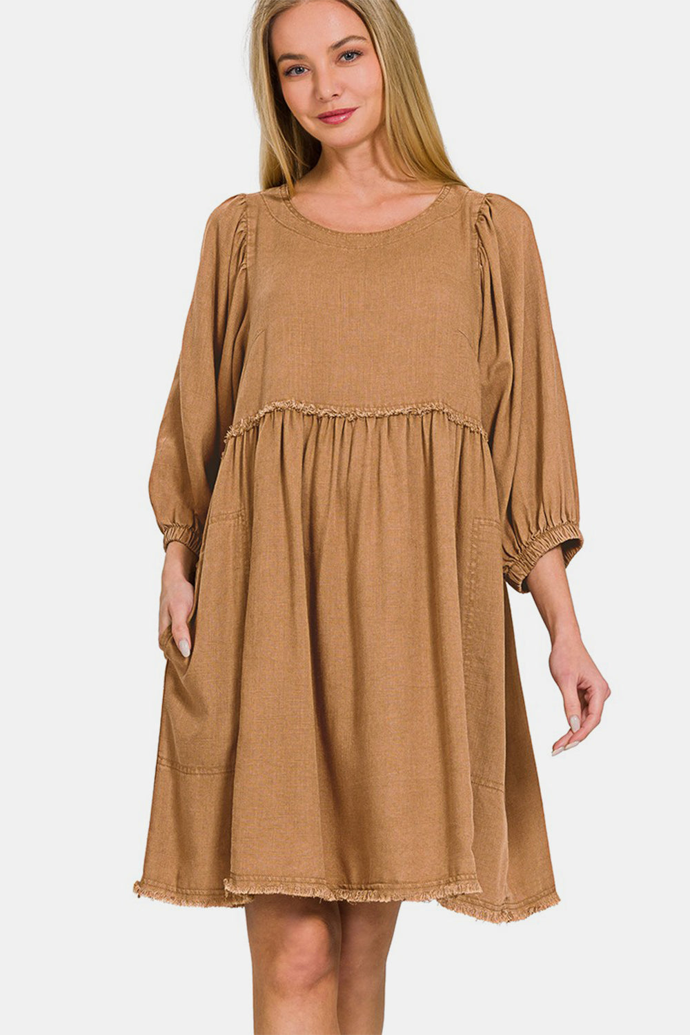 Robe Babydoll en Lin Lavé à Manches Bouffantes Plissées