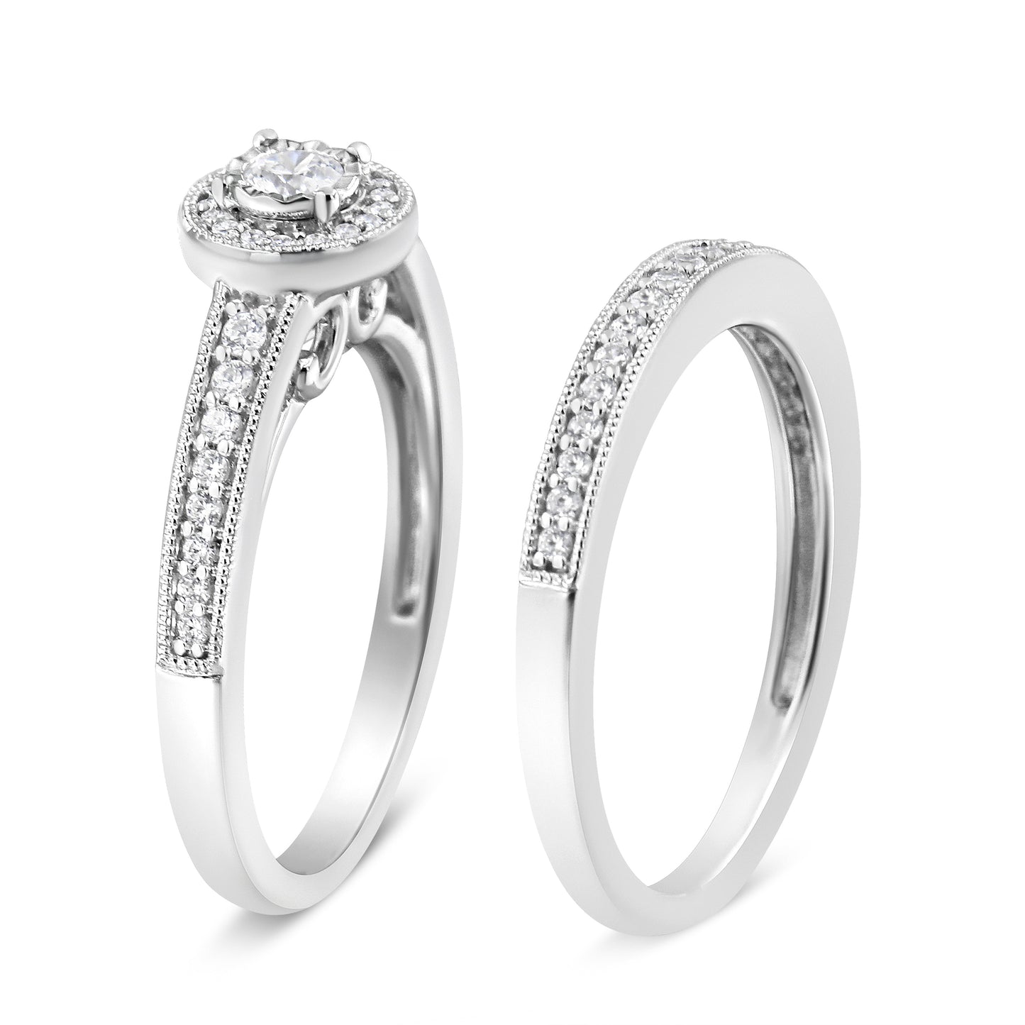 Anillo de Compromiso con Halo de Diamantes de Plata Esterlina .925 1/2 Ctw Conjunto Nupcial