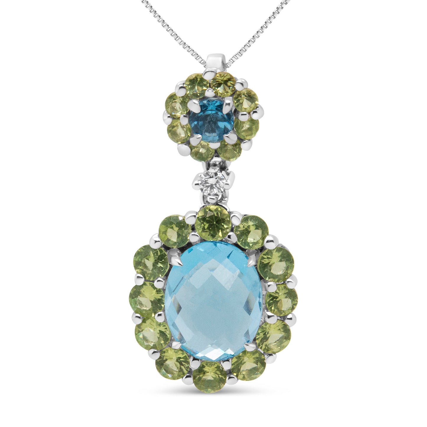 Collier Pendentif en Or Blanc 18k avec Diamants et Gemmes en Halo