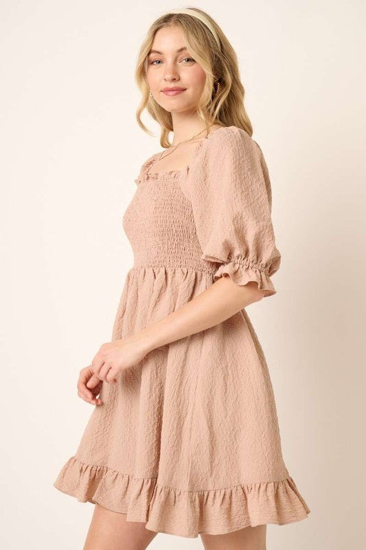 Charming Smocked Ruffled Hem Mini Dress