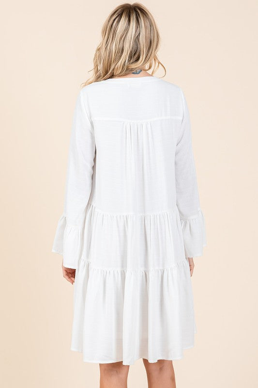 Chic Tiered Flare Sleeve Dress – Stylish Elegance with Notched Neckline - Korvel