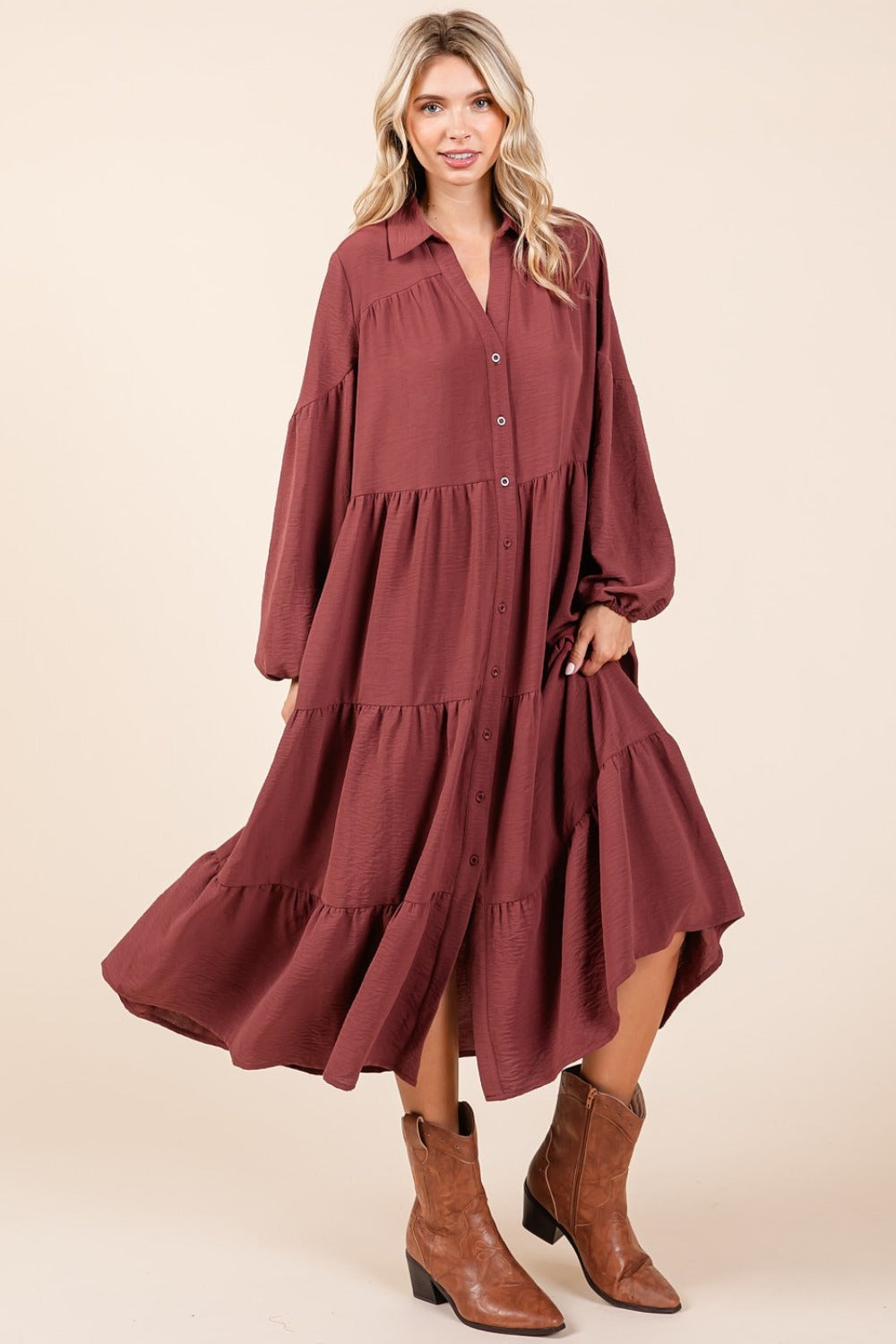 Vestido Midi de Manga Larga con Botones en Capas Elegante para Mujeres