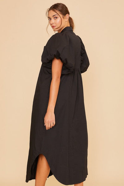 Elegant Black Puff Sleeve Midi Dress for Women