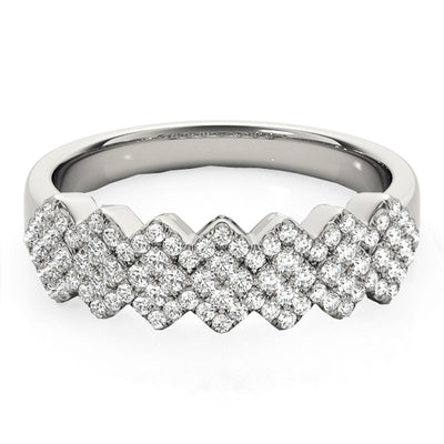 Anillo Ancho con Patrón Multi-Diagonal y Diamantes en Oro Blanco de 14k