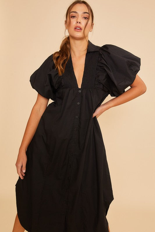 Robe Midi Noire à Manches Bouffantes Élégante pour Femmes