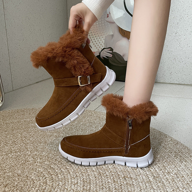 Stylish Plush Ankle Boots with Buckle Design for Women