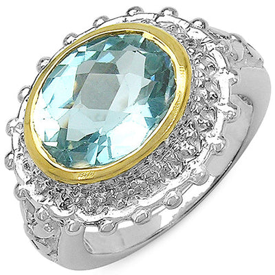 Two Tone Plated 5.01 Carat Blue Topaz & White Topaz Ring