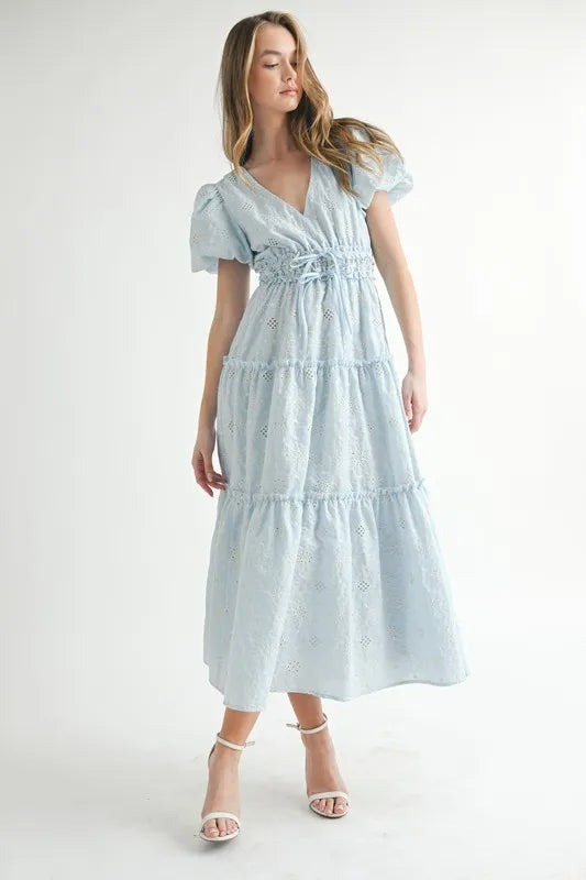 Elegant Eyelet Lace Puff Sleeve Midi Dress for Women
