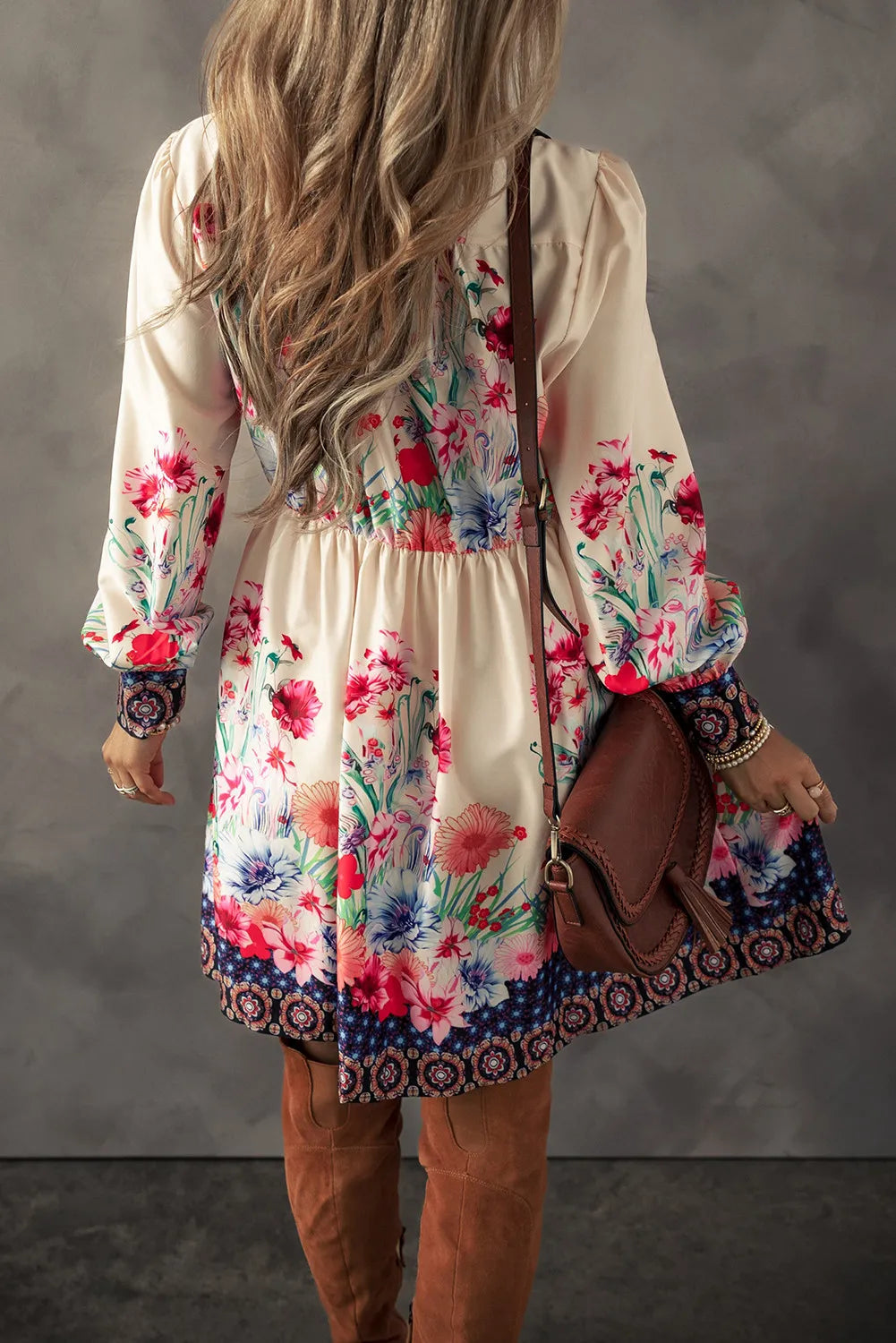 Vintage Floral Button Down Lantern Sleeve Dress