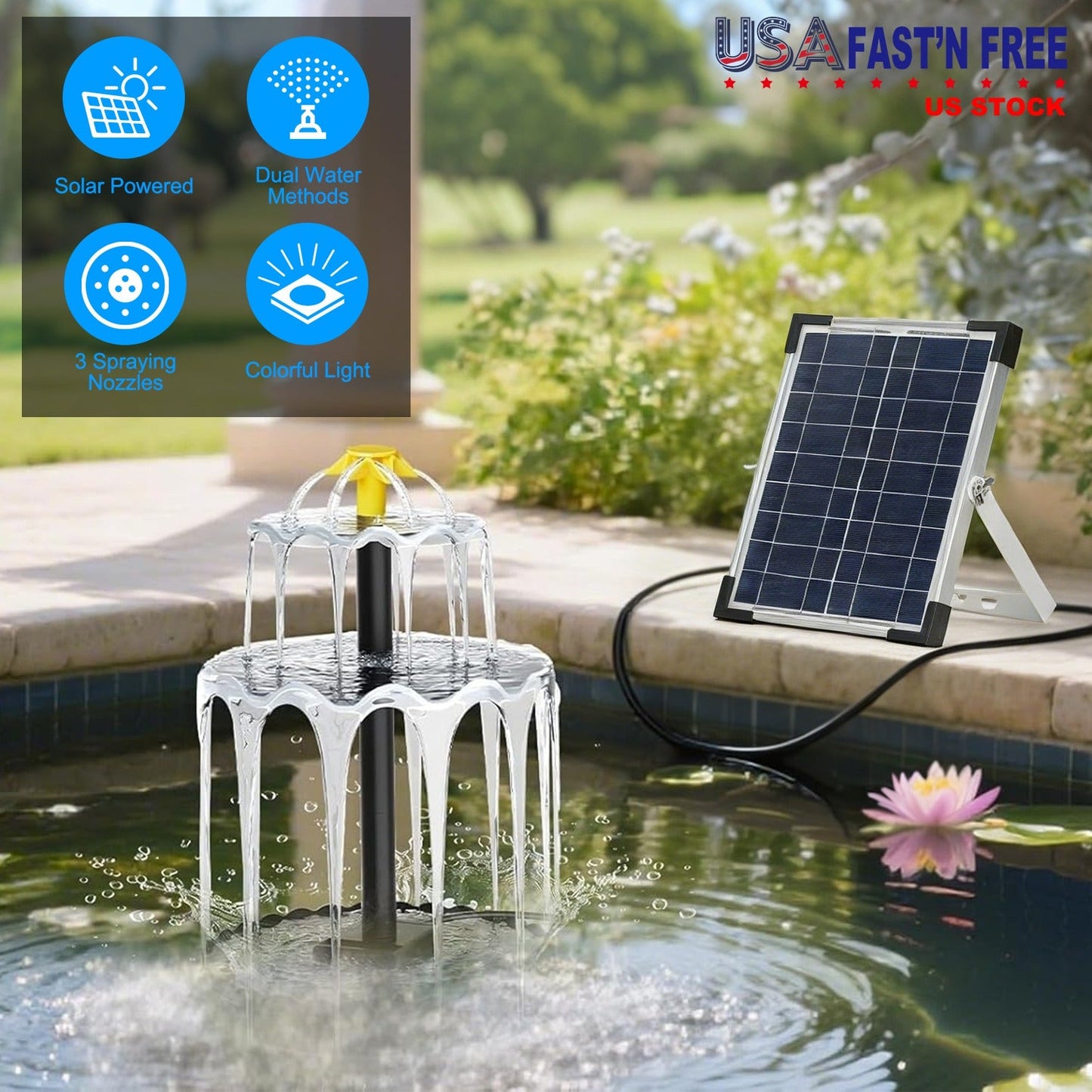 3-Tier Solar Bird Bath Fountain with Colorful LED Lights