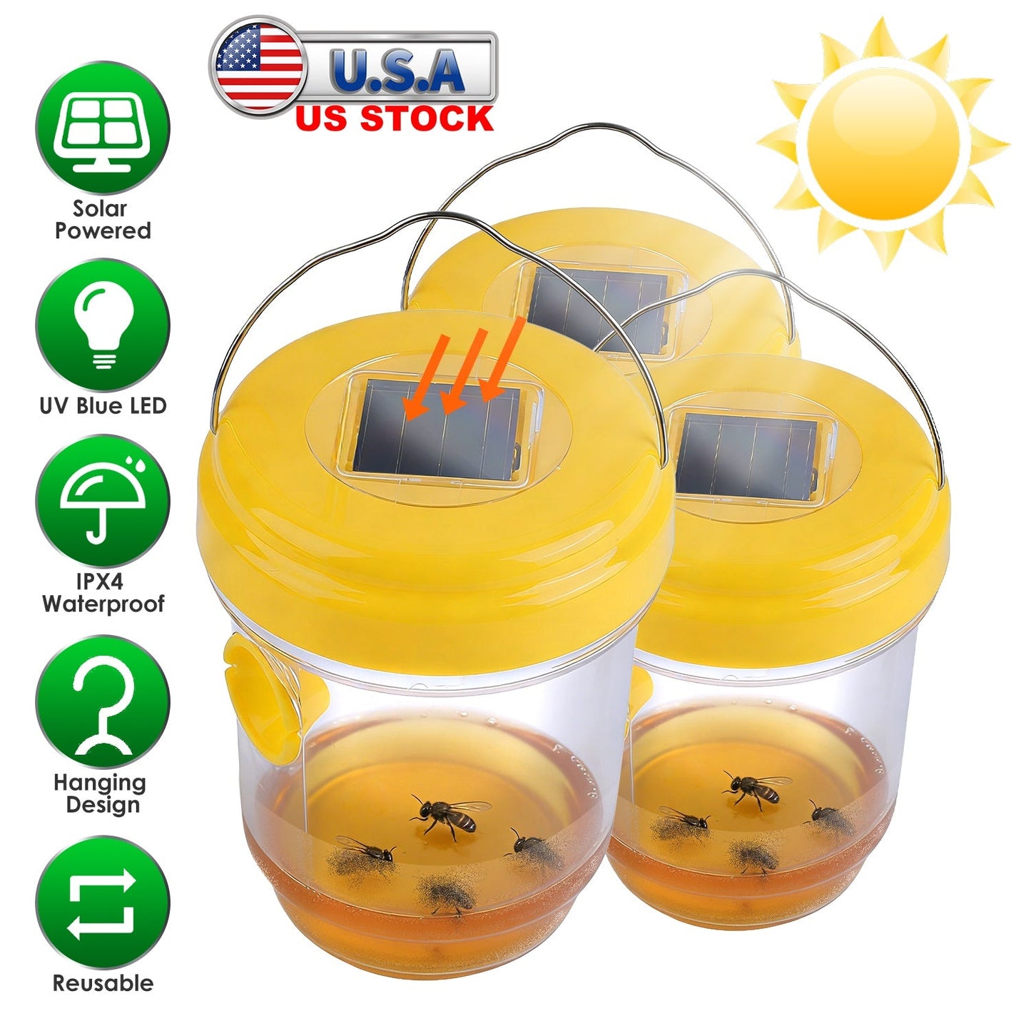 Trampas para Avispas Solares en Paquete de 3 con Luz UV para Control Efectivo de Insectos