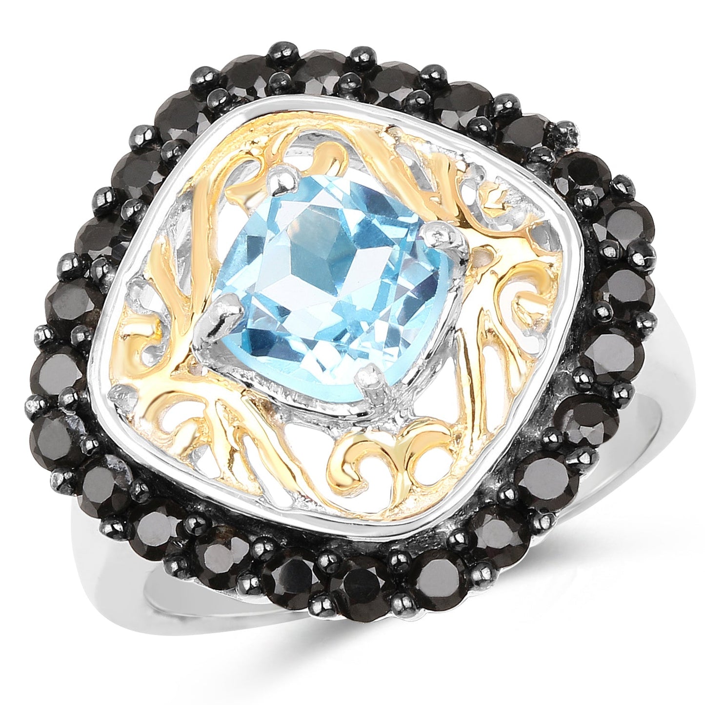 Bague en Topaze Bleue Suisse et Spinelle Noir Plaquée Deux Tons de 2,85 Carats