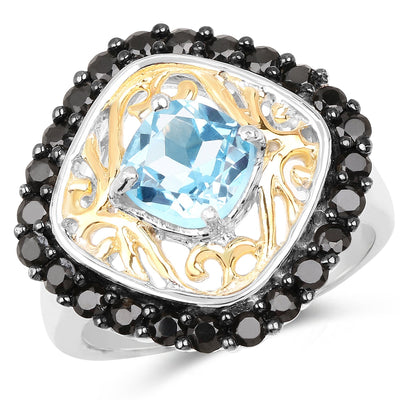 Two Tone Plated 2.85 Carat Swiss Blue Topaz & Black Spinel Ring