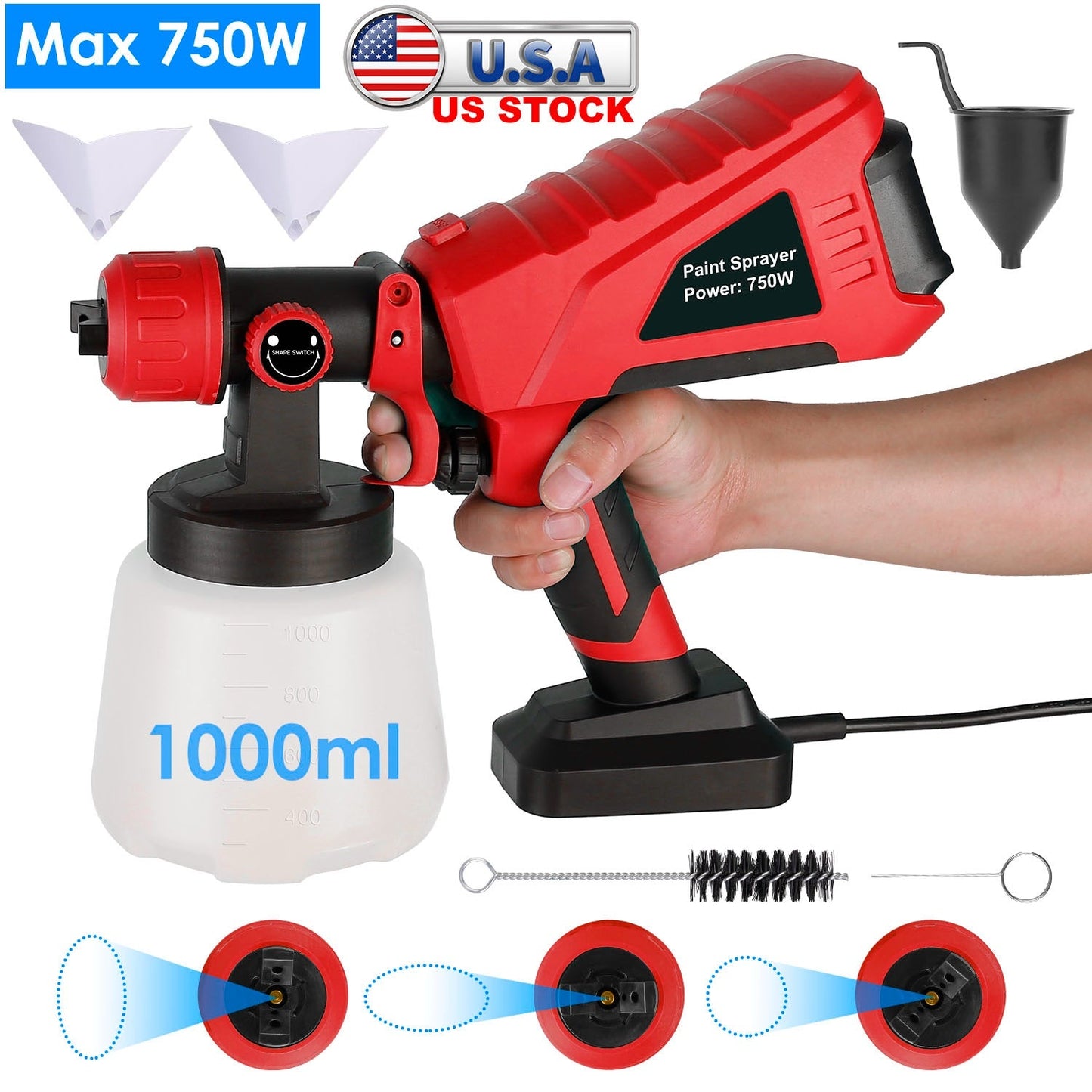 Pulverizador de pintura eléctrico HVLP de 750W con 3 patrones de pulverización