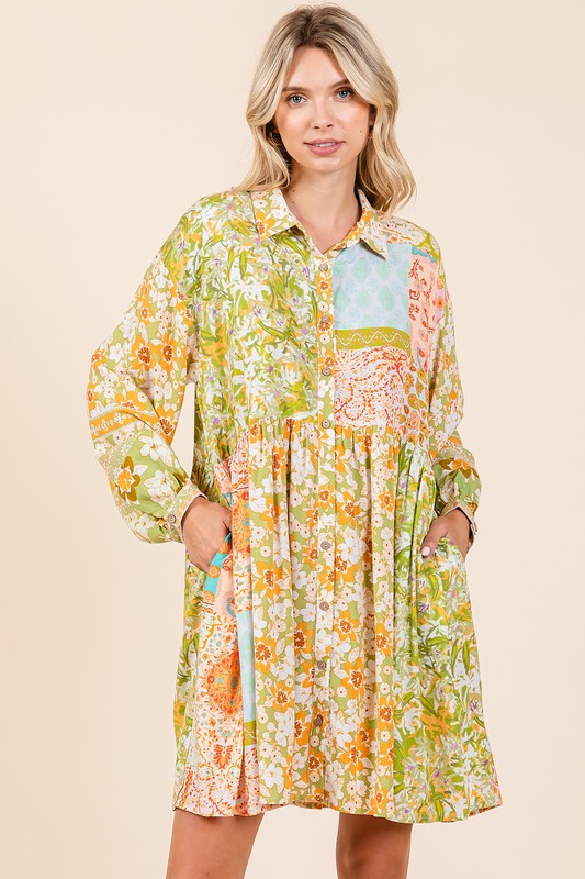 Floral Button Detail Long Sleeve Shirt Dress for Women