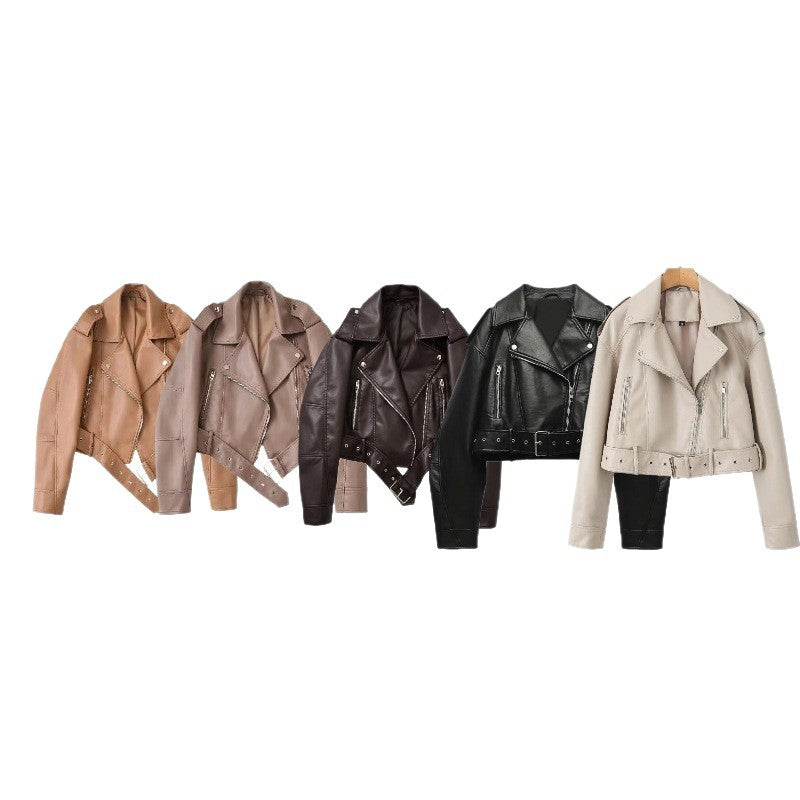 Chaqueta de moto corta con cinturón retro para mujer