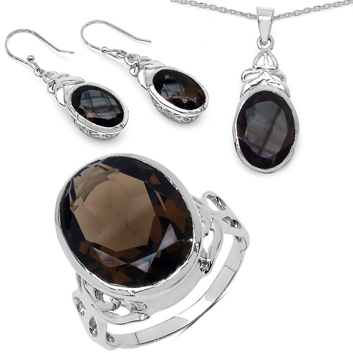 26.52 Carat Genuine Smoky Quartz Jewelry Set in Sterling Silver