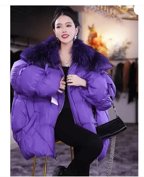Elegante Chaqueta Puffer con Cuello de Piel a Juego para Mujeres