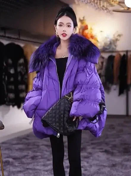 Elegante Chaqueta Puffer con Cuello de Piel a Juego para Mujeres