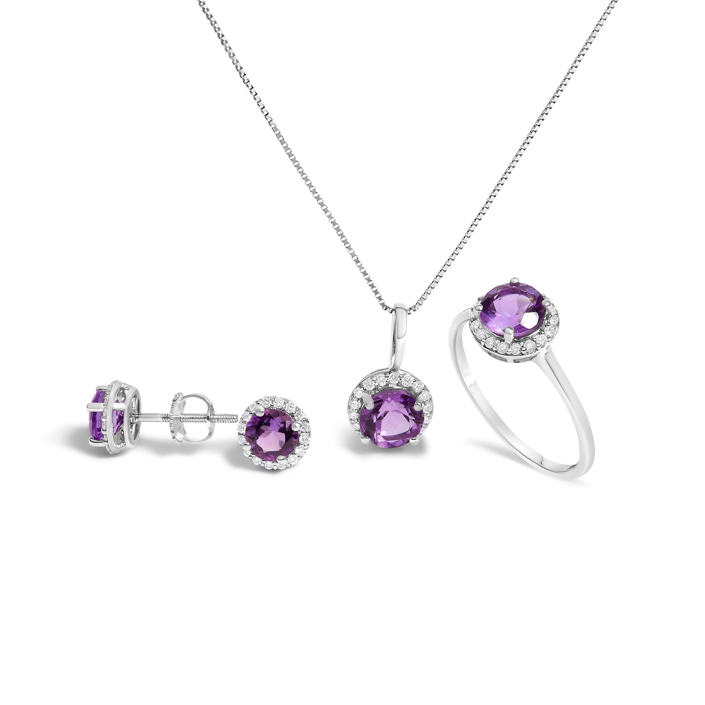 10K White Gold Purple Amethyst & Diamond Halo Jewelry Set
