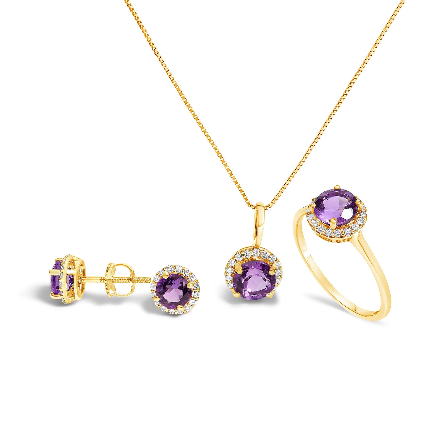 10K White Gold Purple Amethyst & Diamond Halo Jewelry Set