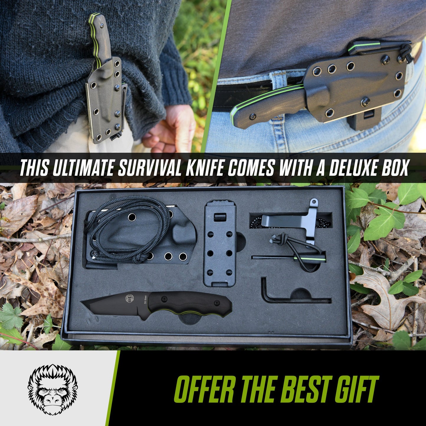 Wakizashi Tactical Neck Knife Gift Set for Outdoor Enthusiasts (Black Blade with Green Accents) - Korvel