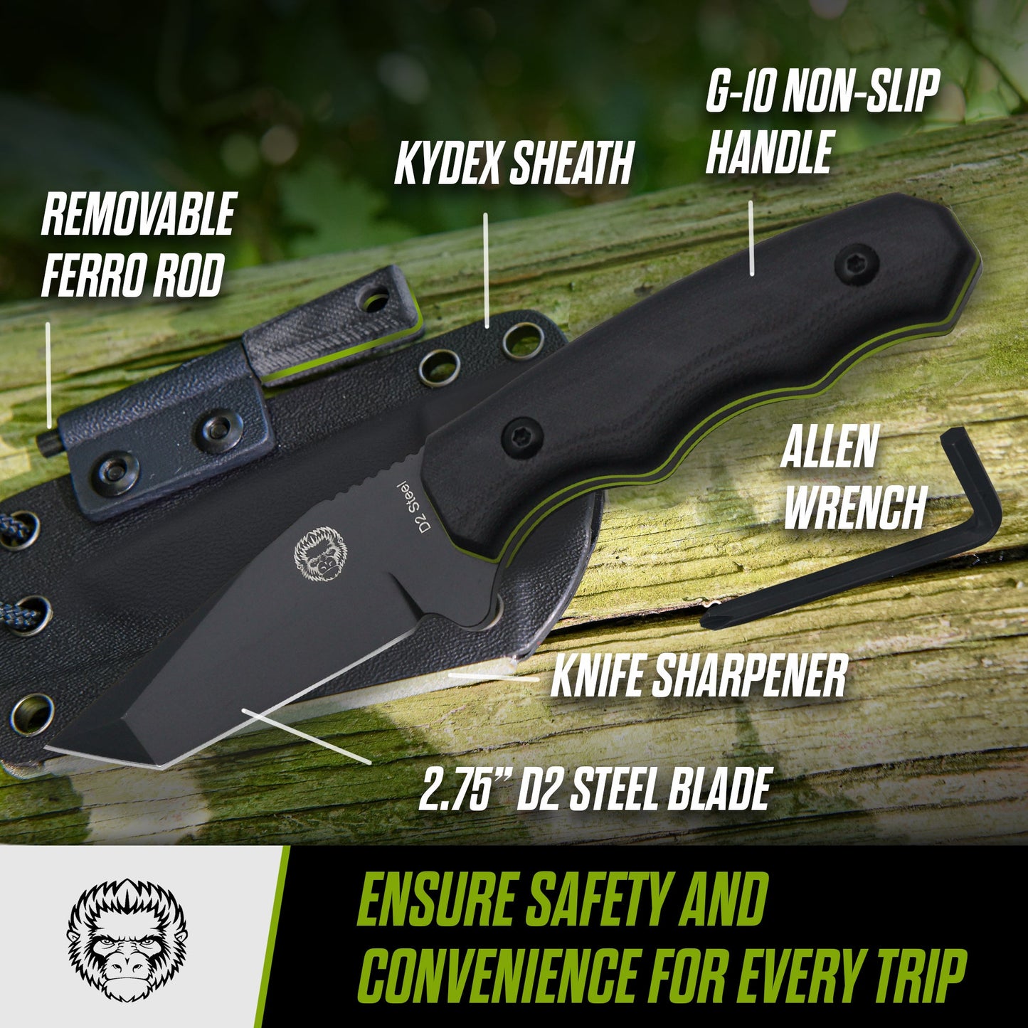 Wakizashi Tactical Neck Knife Gift Set for Outdoor Enthusiasts (Black Blade with Green Accents) - Korvel