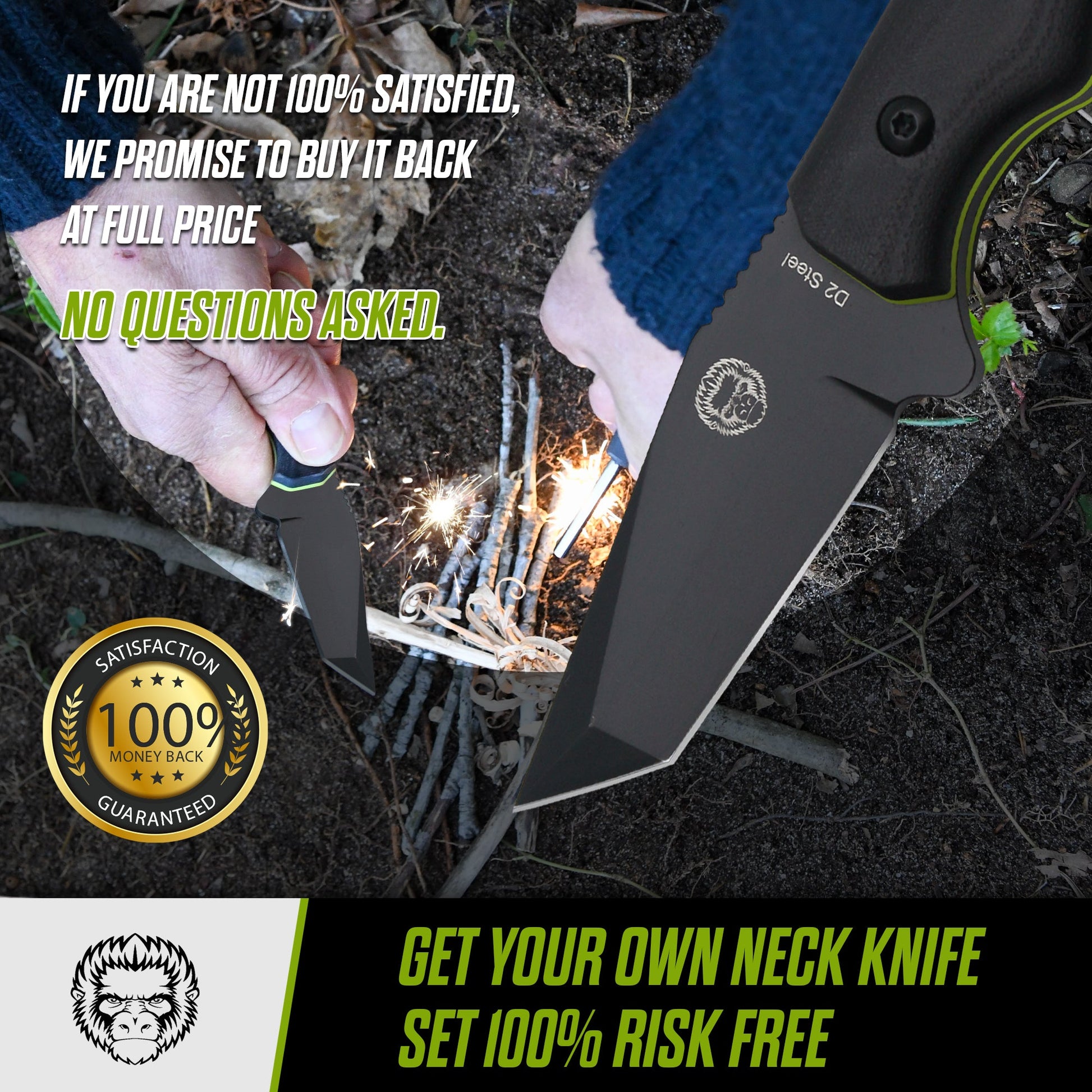 Wakizashi Tactical Neck Knife Gift Set for Outdoor Enthusiasts (Black Blade with Green Accents) - Korvel