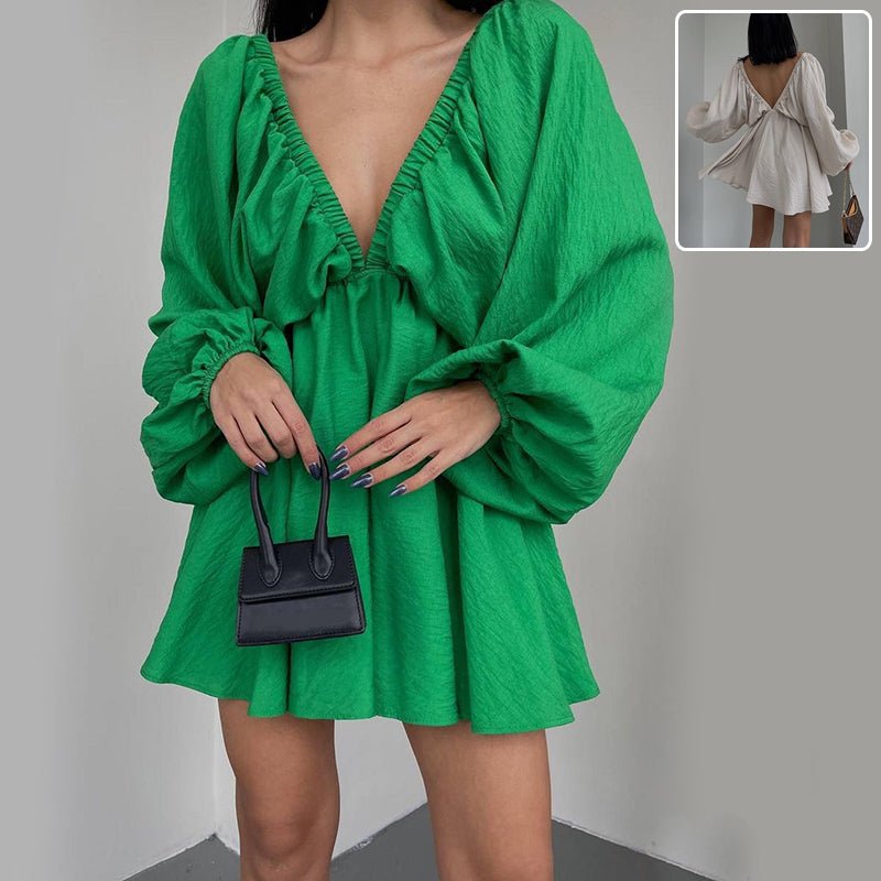 Vestido de Manga Lámpara con Escote en V para Mujeres