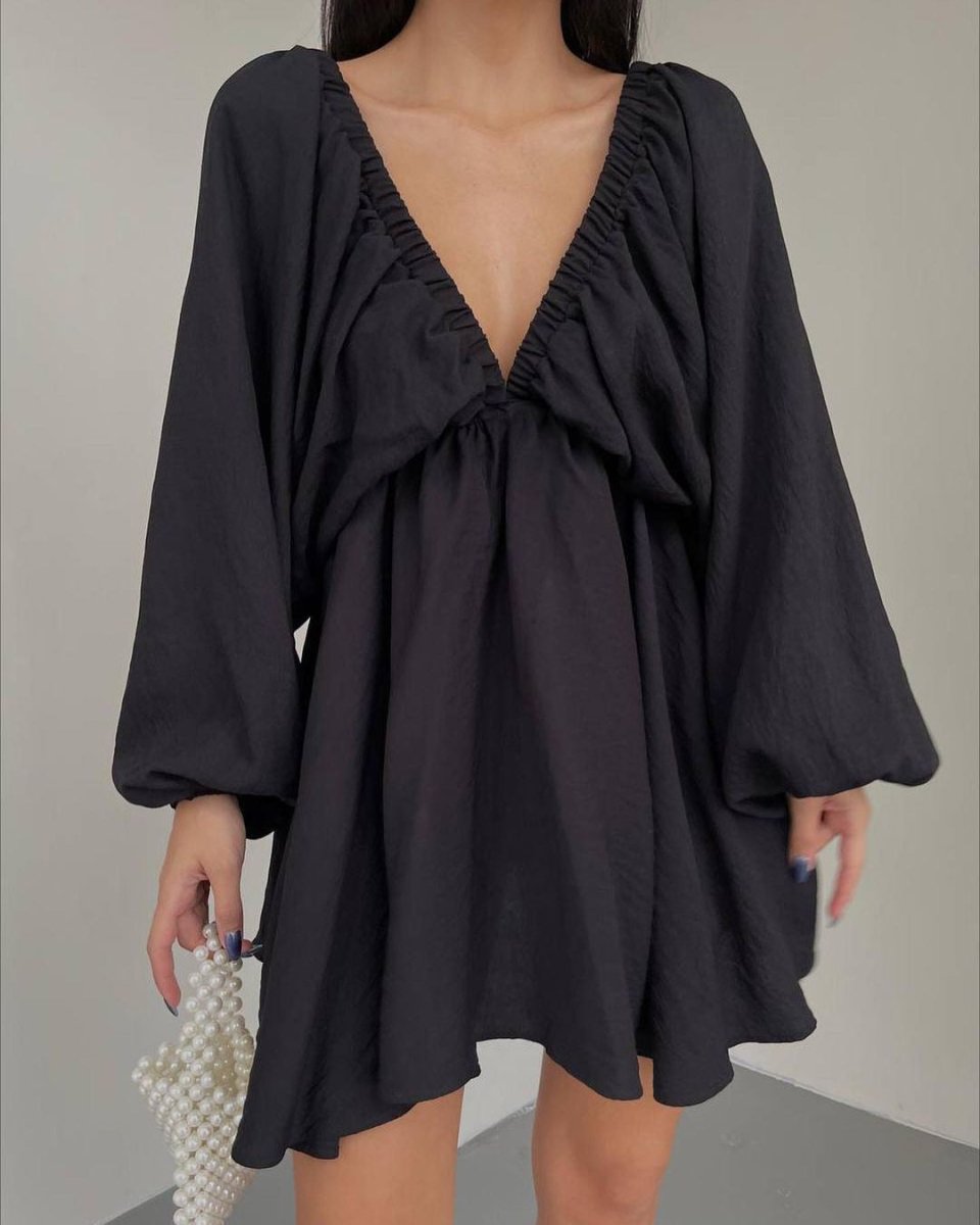 Vestido de Manga Lámpara con Escote en V para Mujeres
