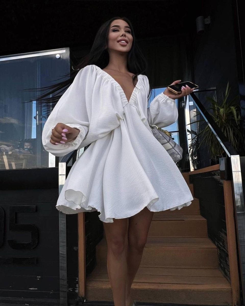 Vestido de Manga Lámpara con Escote en V para Mujeres